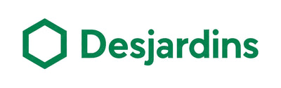Green Desjardins logo with a hexagonal icon and the brand name on a white and gray checkered background.